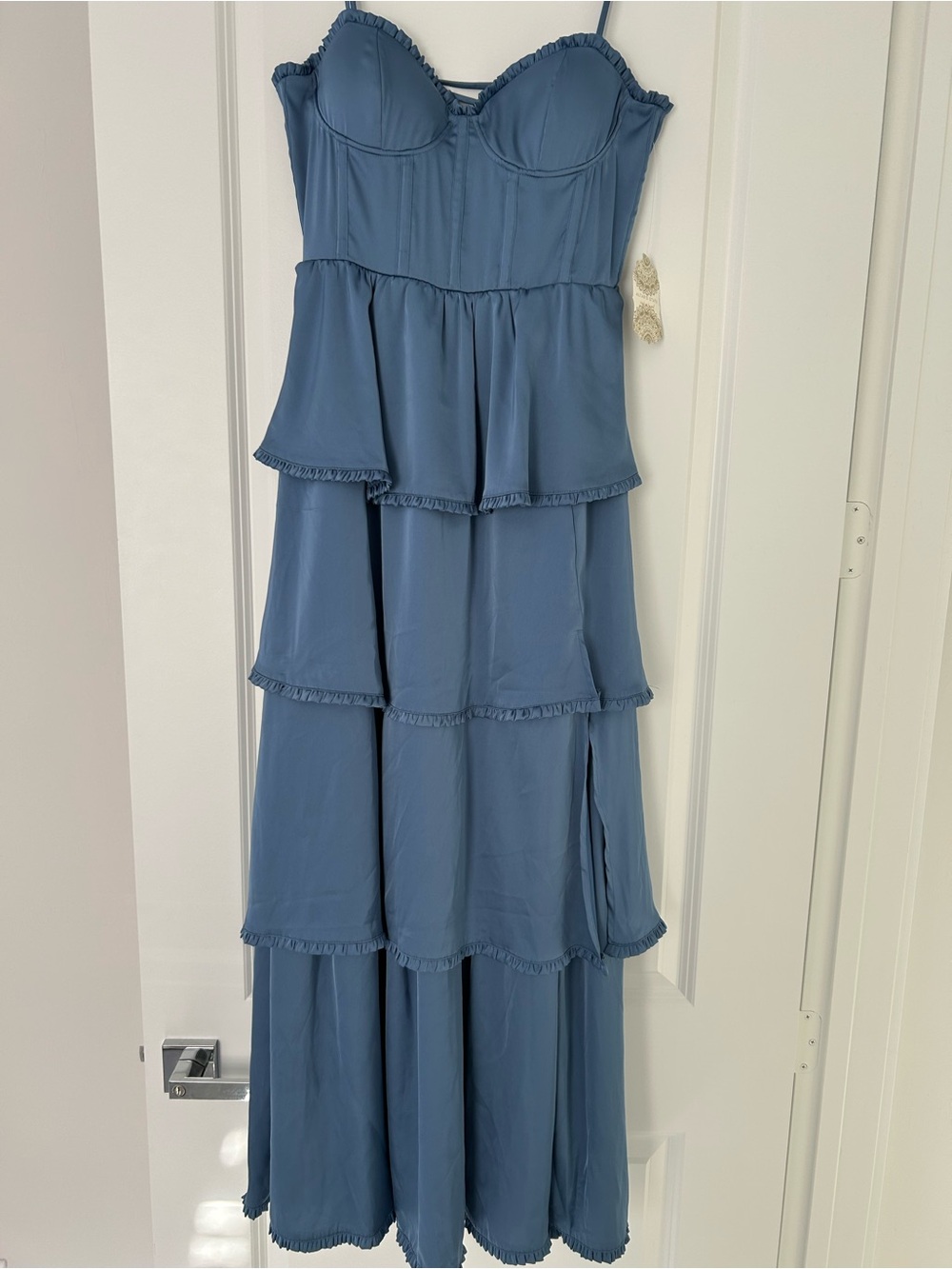 Altar'd State Dusty Blue Ruffle-Trim Maxi Dress